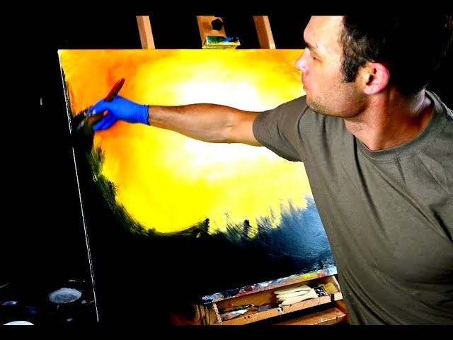 Painting flaming tree and fire birds with acrylic paint and round brush on large canvas