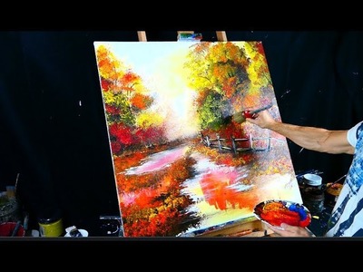 Painting magical autumn theme - a path through woods - acrylic paint, round brush