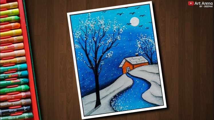Snowfall scenery drawing with Oil Pastels - step by step
