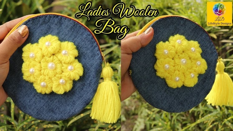 Woolen ladies hand bag Or Purse Using waste jeans | Handmade Purse.handbag RECYCLE OLD JEANS