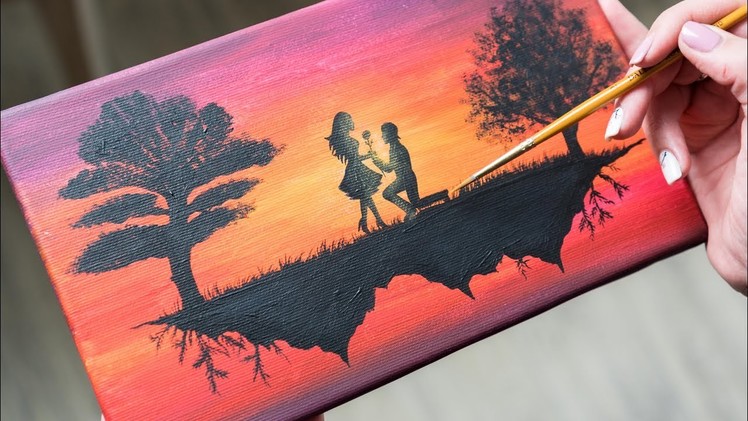 A Loving Couple on a flying Island - Acrylic painting. Homemade Illustration (4k)