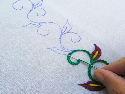 Hand Embroidery; Border Line Design; Chain Stitch.Bullion Knot Stitch