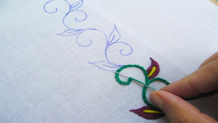 Hand Embroidery; Border Line Design; Chain Stitch.Bullion Knot Stitch