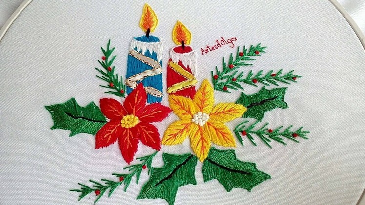 Hand Embroidery: Candles and poinsettia flowers | Bordado a mano: Velas y flores de Nochebuena
