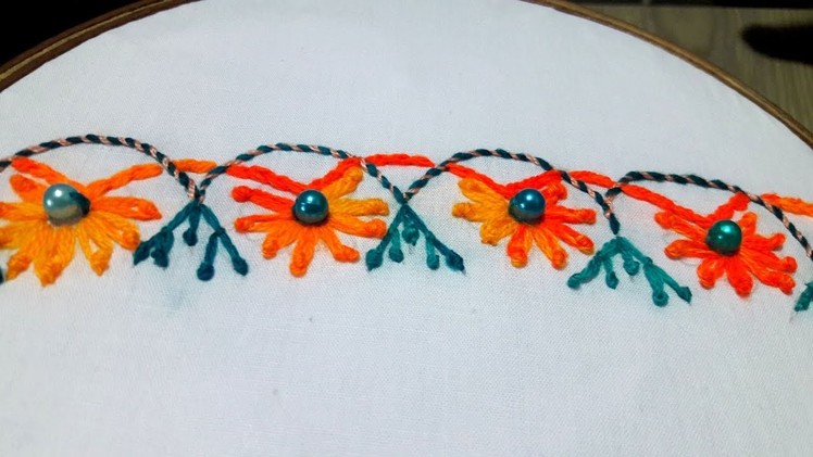 Hand Embroidery : lazy brazilian stitch | border design # 98