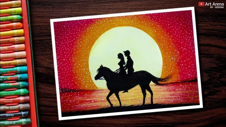 Horse Sunset scenery drawing with Oil Pastels - step by step