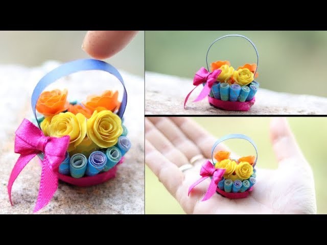 Quilling miniature flower Basket in 3d | diy paper rose | Priknowtomakeit