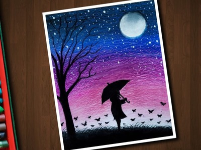 Alone Girl Night scenery drawing with Oil Pastels - step by step