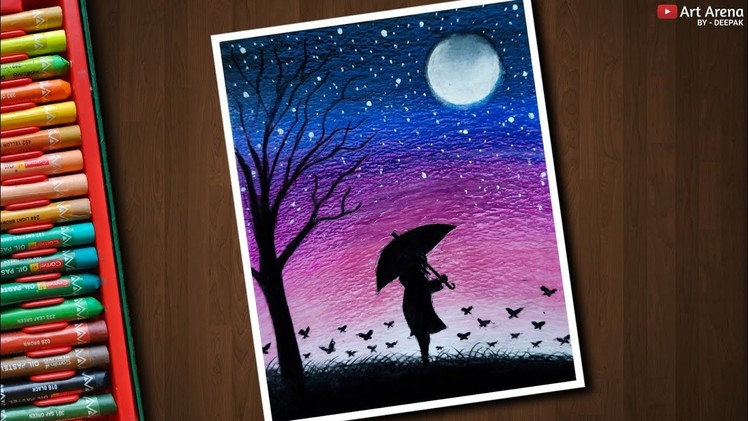 Alone Girl Night scenery drawing with Oil Pastels - step by step