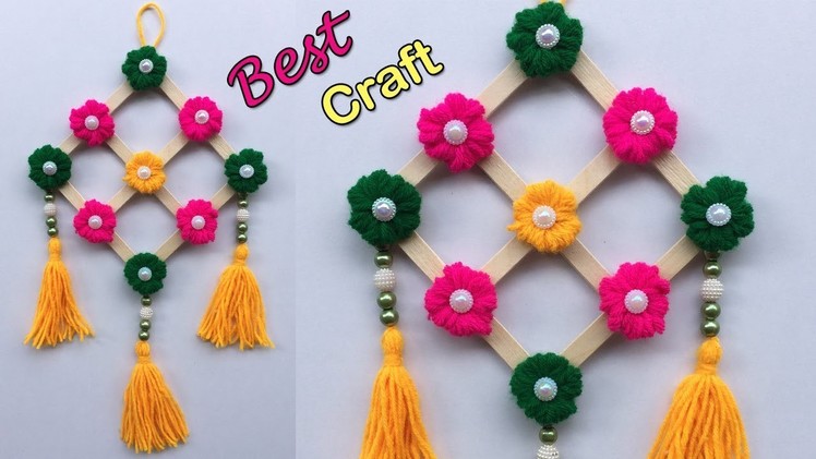 DIY wall hanging craft ideas easy with waste material.Popsicle Stick Wall Hanging.Best out of Wool
