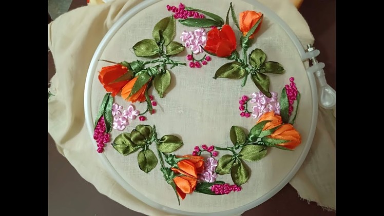 Hand embroidery. Ribbon embroidery flowers step by step. Ribbon rose embroidery tutorial.