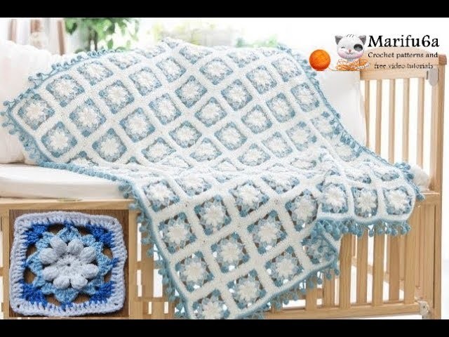 How to crochet  flowers blanket blue afghan free tutorial by marifu6a