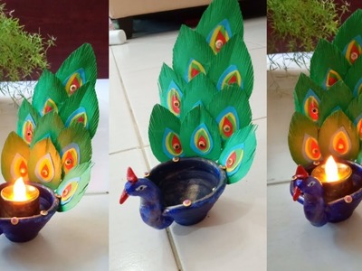 How to decorate traditional mud diya. How to make peacock Diya. Diwali craft
