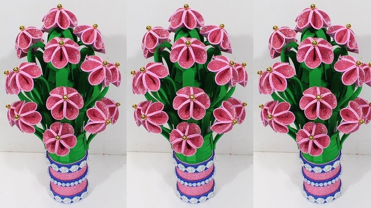 How to make flower vase with plastic bottle & glitter sheet | Guldasta