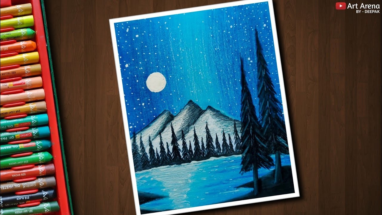 Night Sky Mountain Scenery Drawing For Beginners With Oil Pastels