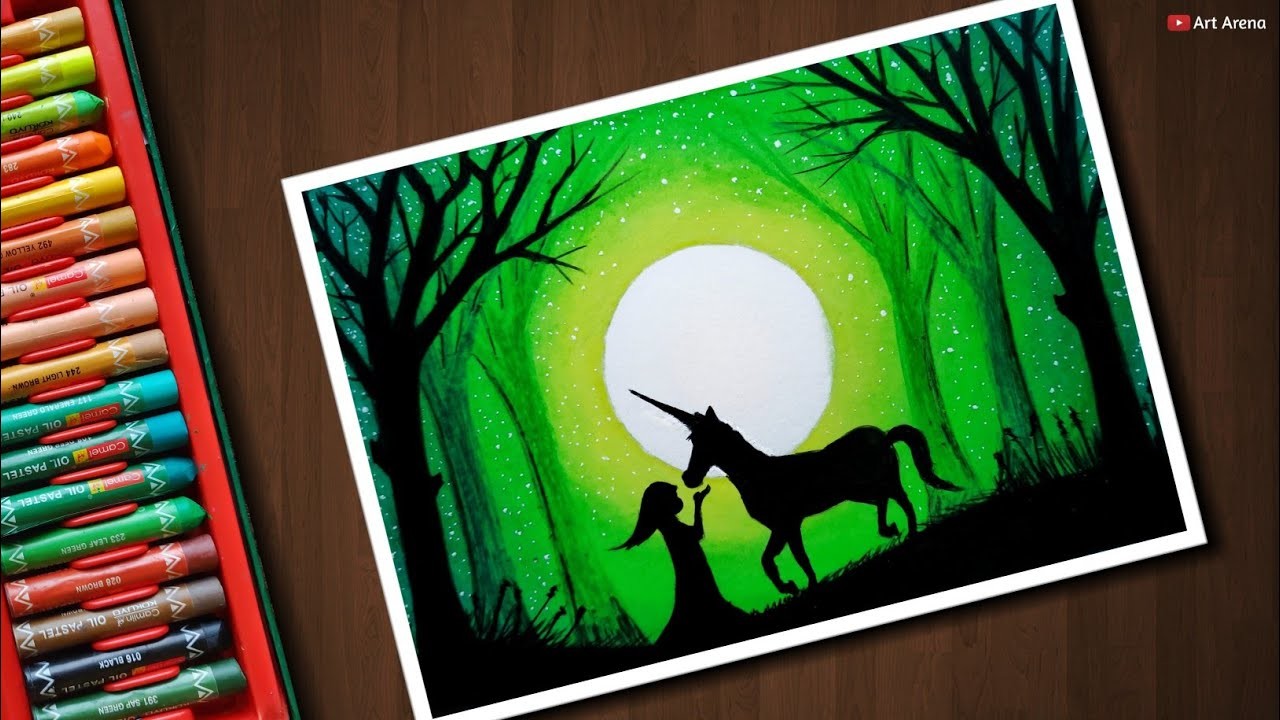 Unicorn Girl Scenery Drawing With Oil Pastels Step By Step unicorn girl scenery drawing with oil
