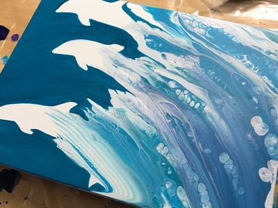 (17) Acrylic Pour - Dolphins - Fluid Painting - EASY Fun with silhouettes! No contact paper.