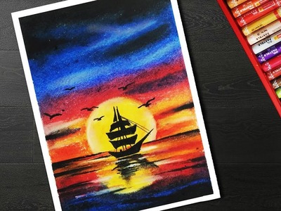 Sunset Scenery drawing with Oil Pastel for beginners -- Step by Step
