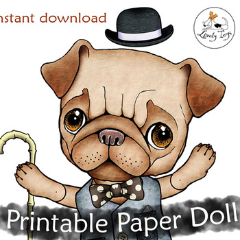 Articulated printable Cut out jointed paper doll pattern Pug lover gift Instant download Digital altered art Party activity Collage sheet