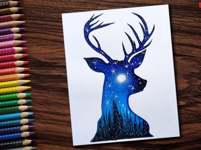 Beautiful Night Sky Double Exposure Drawing - step by step