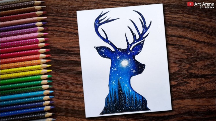 Beautiful Night Sky Double Exposure Drawing - step by step