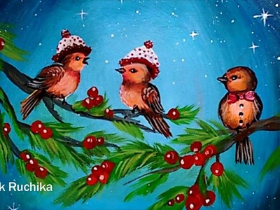Christmas Santa Birds | Acrylic Painting Tutorial | Moonlight Night Scenery Painting