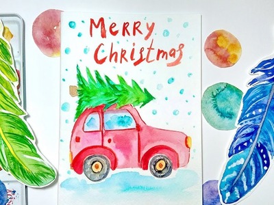 DIY Christmas Watercolor Card with Red Car And Tree - Holiday Greeting Cards Ideas