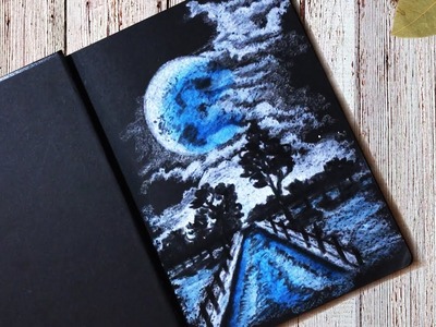 Drawing Moonlight Scenery With Oil Pastel and White Pastel Pencil on Black Paper