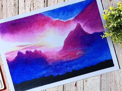 How to draw a Colorful Sky and Mountain Scenery With Oil Pastel Step by Step