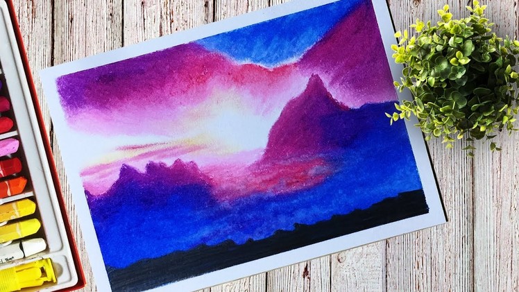 How to draw a Colorful Sky and Mountain Scenery With Oil Pastel Step by Step