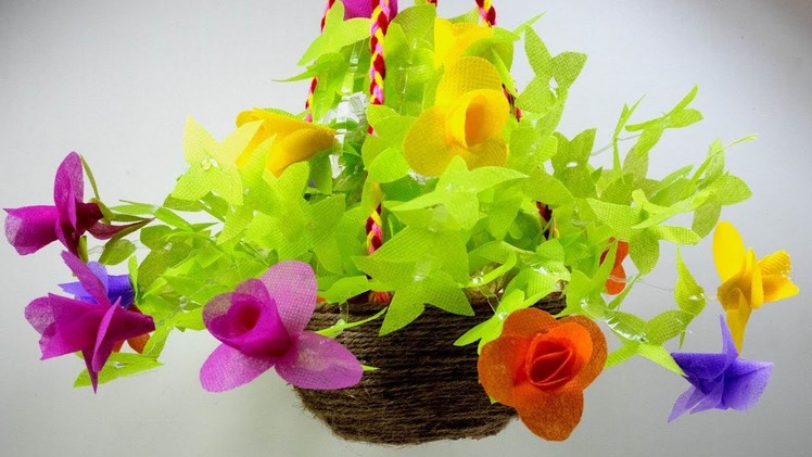 Plastic bottle flowervase. Hanging flower with bottle and shopping bag. বোতল দিয়ে ঝুলন্ত ফুলের টব
