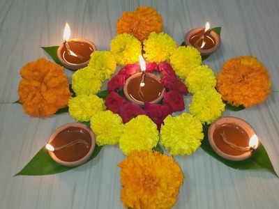 Rangoli Designes with Flowers Depam Decoration ideas in Karthikamasam l Rangoli with Flowers Candles