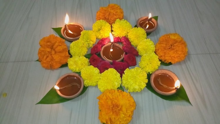 Rangoli Designes with Flowers Depam Decoration ideas in Karthikamasam l Rangoli with Flowers Candles