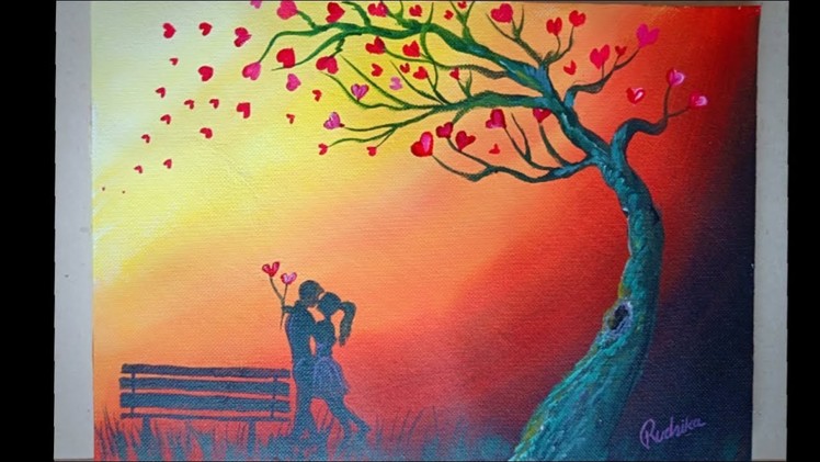 Romantic Couple Under The Heart Leaves Tree | Acrylic Painting Tutorial