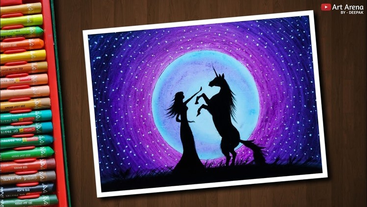 Unicorn Moonlight scenery drawing with Oil Pastels - step by step