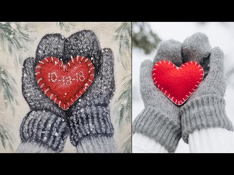 Winter Mittens w. Heart Christmas Ornament Acrylic Painting LIVE Tutorial