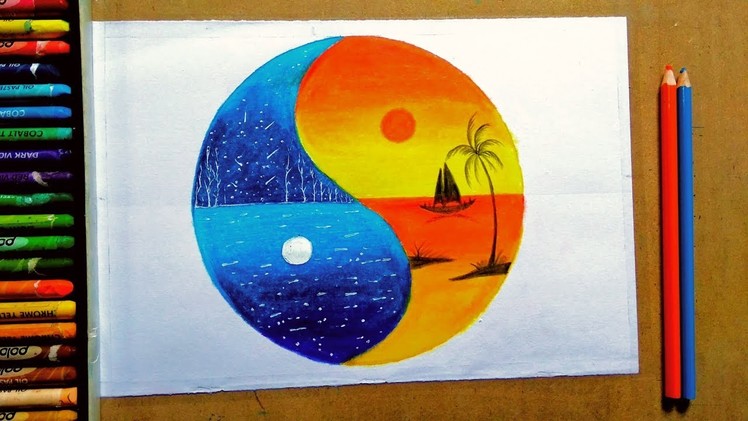 Wonderful unique legendary sunset and moonlight painting || oil pastel colour painting