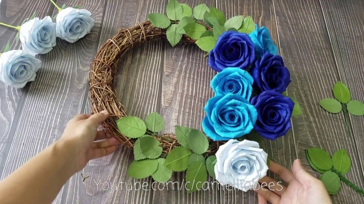 Blue paper rose wreath making - Paper Flower Wreath| Papel crepe Rosa - corona de flores
