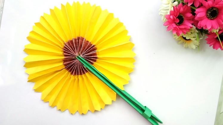 DIY- How To Make Cute Sunflower Paper Fan|Folding Paper Fan|Sunflower Paper Fan