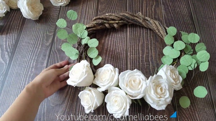 DIY Paper flower wreath making with white crepe paper roses