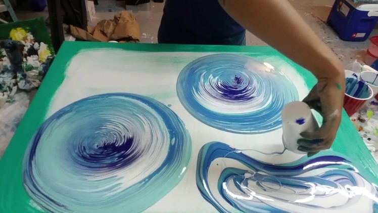 (24) Double ring pour. Acrylic pouring Fluid art, aqua and blue acrylic paint flow art pour painting