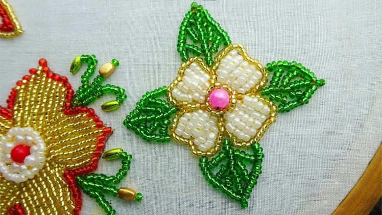 Hand embroidery beads flower design tutorial,beads work for dress