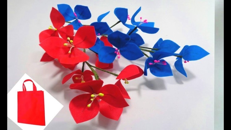 How to Make Blue & Red Shopping Bag Flowers || Making Carry Bag Flowers || DIY Shopping Bag Flowers
