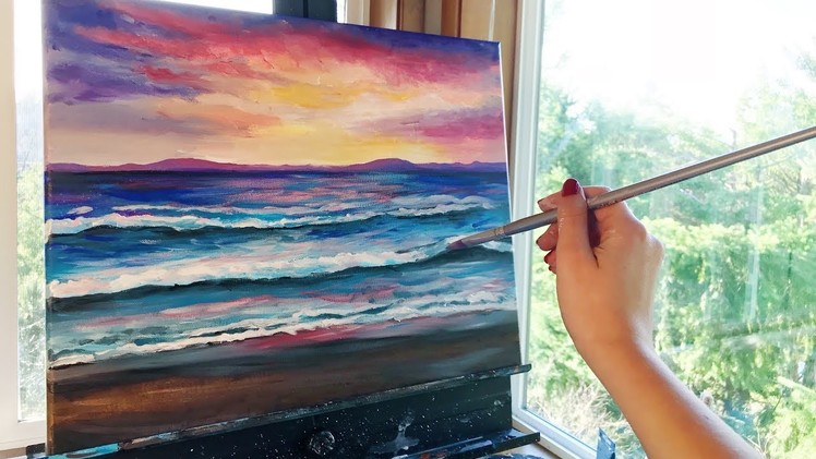 Painting a Sunset Beach with acrylic paints