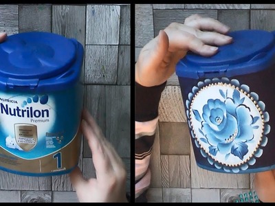 DIY, Decoration idea, Make a box from the can of baby food, Gzhel painting