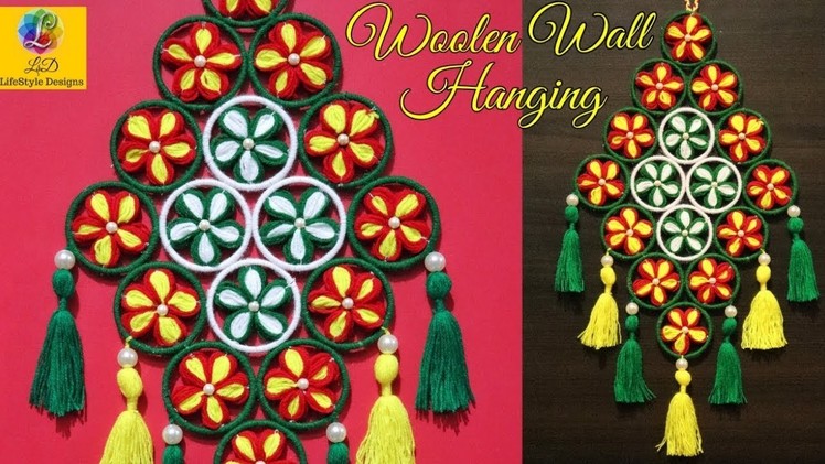 Woolen Door Hanging. DIY Wall Hanging Out Of Wool. Wool Flower Making. Home Decoration Idea
