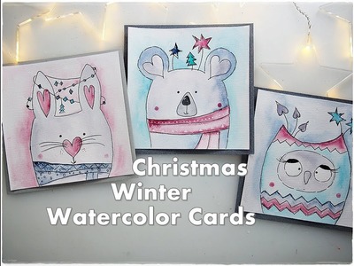 3 Cute Animals Christmas Winter Watercolor Cards for Beginners ♡ Maremi's Small Art ♡