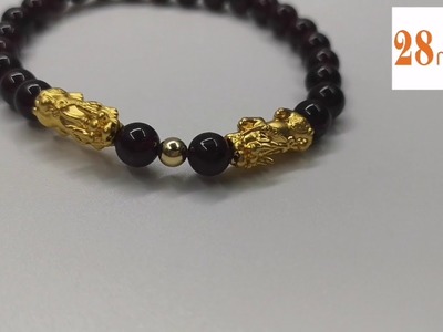 999 Gold Fortune animal Pixiu with gold bead agate bracelet 28Mall.com