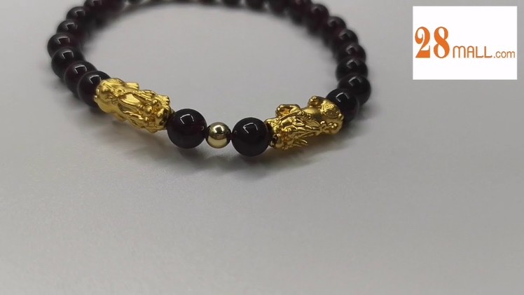 999 Gold Fortune animal Pixiu with gold bead agate bracelet 28Mall.com