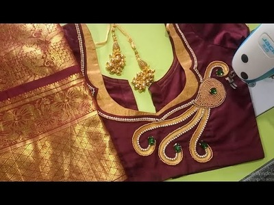 Beads work silk saree model blouse